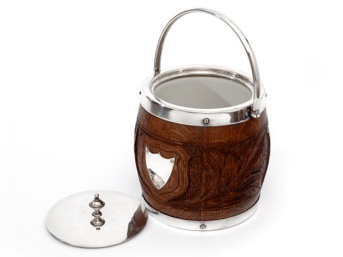 EDWARDIAN SILVER PLATE AND OAK BISCUIT BARREL OR ICE PAIL WITH CHINA LINER - ADDITIONAL PHOTO 3