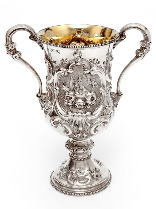 victorian silver two handle trophy cup chased with flowers and scrolls - CATEGORY: ANTIQUE SILVER - DATED 1860