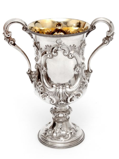 VICTORIAN SILVER TWO HANDLE TROPHY CUP CHASED WITH FLOWERS AND SCROLLS - ADDITIONAL PHOTO 2