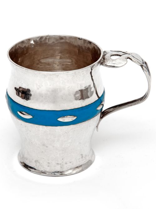 arts and crafts christening mug with hammered style body and blue enamel band - CATEGORY: ANTIQUE SILVER - DATED 1900