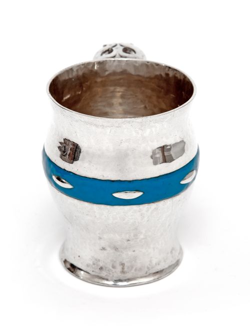ARTS AND CRAFTS CHRISTENING MUG WITH HAMMERED STYLE BODY AND BLUE ENAMEL BAND - ADDITIONAL PHOTO 1