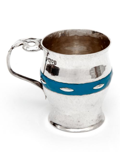 ARTS AND CRAFTS CHRISTENING MUG WITH HAMMERED STYLE BODY AND BLUE ENAMEL BAND - ADDITIONAL PHOTO 2