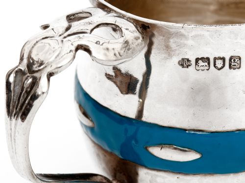 ARTS AND CRAFTS CHRISTENING MUG WITH HAMMERED STYLE BODY AND BLUE ENAMEL BAND - ADDITIONAL PHOTO 4