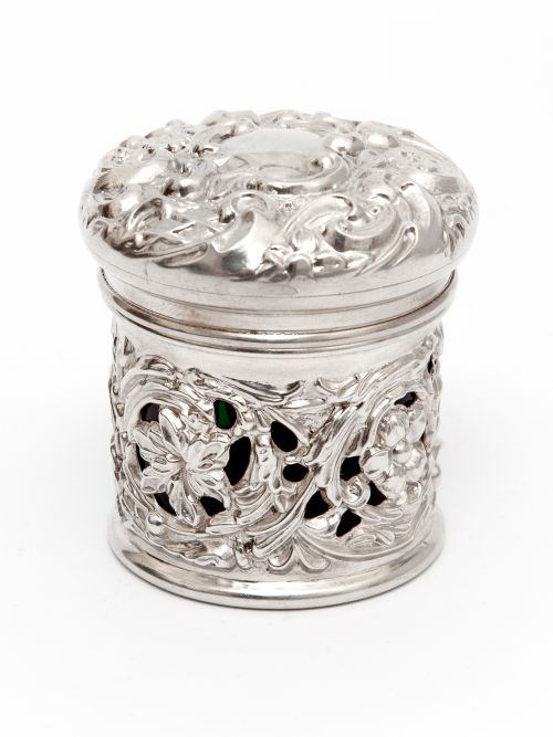 victorian silver dressing table jar with a pull off lid and bristol green glass liner - CATEGORY: ANTIQUE SILVER - DATED 1900