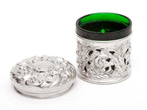 VICTORIAN SILVER DRESSING TABLE JAR WITH A PULL OFF LID AND BRISTOL GREEN GLASS LINER - ADDITIONAL PHOTO 2