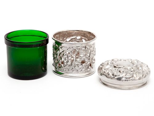 VICTORIAN SILVER DRESSING TABLE JAR WITH A PULL OFF LID AND BRISTOL GREEN GLASS LINER - ADDITIONAL PHOTO 3