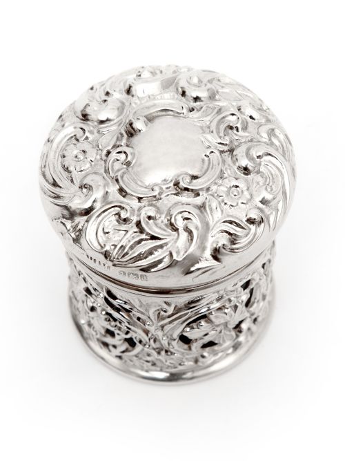 VICTORIAN SILVER DRESSING TABLE JAR WITH A PULL OFF LID AND BRISTOL GREEN GLASS LINER - ADDITIONAL PHOTO 4