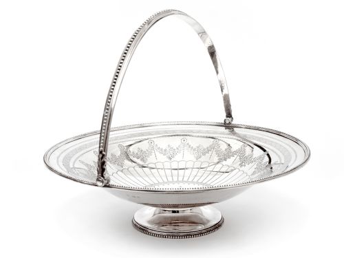 antique silver plated circular basket with a beaded border and swing handle - CATEGORY: ANTIQUE SILVER - DATED 1880