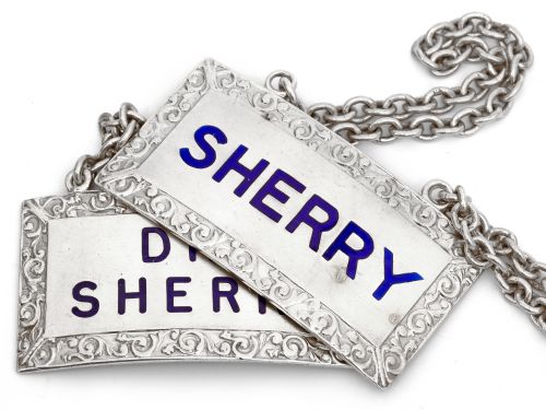 pair of rectangular silver sherry decanter labels with blue enamel lettering - CATEGORY: ANTIQUE SILVER - DATED 1950