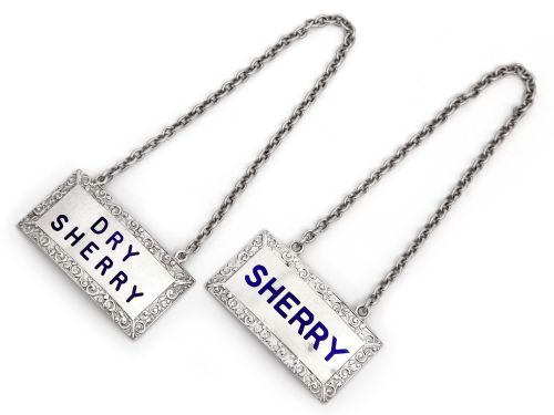 PAIR OF RECTANGULAR SILVER SHERRY DECANTER LABELS WITH BLUE ENAMEL LETTERING - ADDITIONAL PHOTO 1