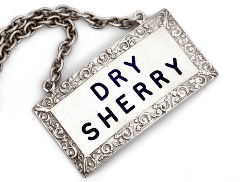 PAIR OF RECTANGULAR SILVER SHERRY DECANTER LABELS WITH BLUE ENAMEL LETTERING - ADDITIONAL PHOTO 3