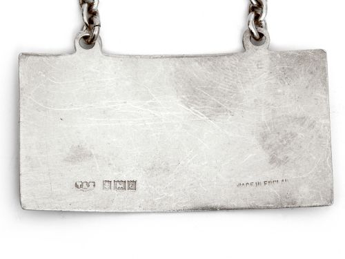 PAIR OF RECTANGULAR SILVER SHERRY DECANTER LABELS WITH BLUE ENAMEL LETTERING - ADDITIONAL PHOTO 4