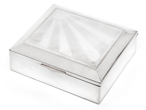 vintage silver plate box with a hinged lid featuring a star burst and engine turned design - CATEGORY: ANTIQUE SILVER - DATED 1930