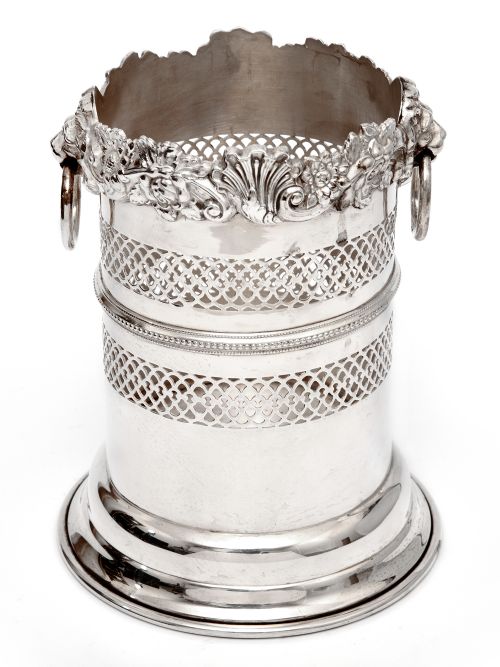 silver plated bottle stand with a shell and floral top border and lion ring handles - CATEGORY: ANTIQUE SILVER - DATED 1920