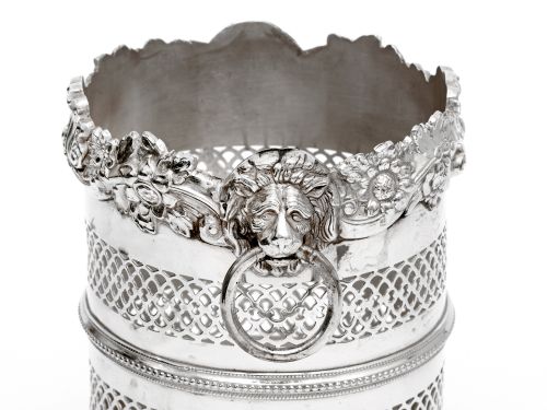 SILVER PLATED BOTTLE STAND WITH A SHELL AND FLORAL TOP BORDER AND LION RING HANDLES - ADDITIONAL PHOTO 2