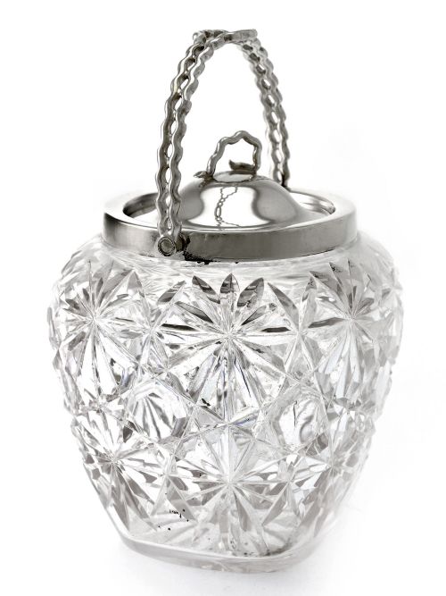unusual shape antique silver plated cut glass biscuit barrel - CATEGORY: ANTIQUE GLASS - DATED 1900