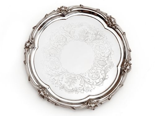 elkington 105 silver plated salver with a scroll and floral shaped mount - CATEGORY: ANTIQUE SILVER - DATED 1890