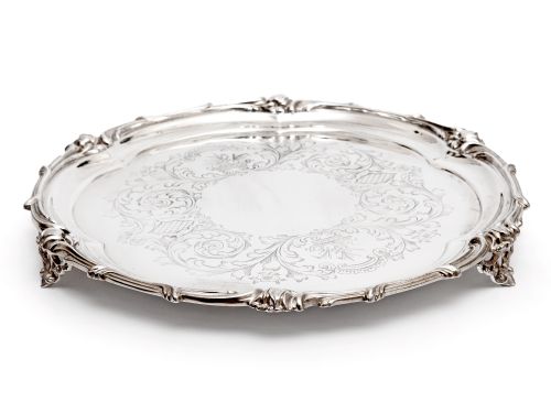 ELKINGTON 105 SILVER PLATED SALVER WITH A SCROLL AND FLORAL SHAPED MOUNT - ADDITIONAL PHOTO 1