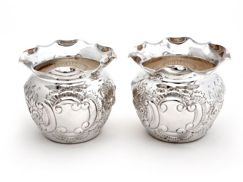 pair of victorian globe shaped silver plated on copper flower pots - CATEGORY: ANTIQUE SILVER - DATED 1890