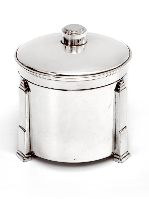 hukin heath art deco style silver plated jar with three applied stepped fee - CATEGORY: ANTIQUE SILVER - DATED 1930