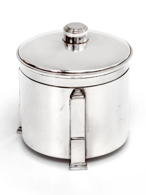 HUKIN HEATH ART DECO STYLE SILVER PLATED JAR WITH THREE APPLIED STEPPED FEE - ADDITIONAL PHOTO 1