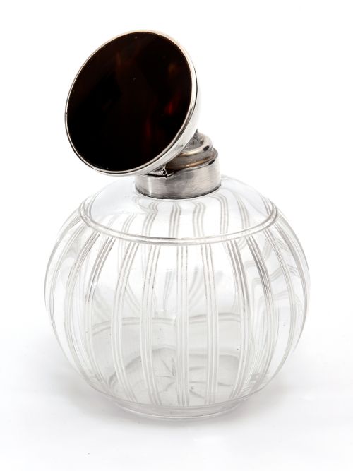 SILVER TOPPED PERFUME BOTTLE WITH A TORTOISESHELL LID AND CLEAR CUT GLASS BODY - ADDITIONAL PHOTO 2