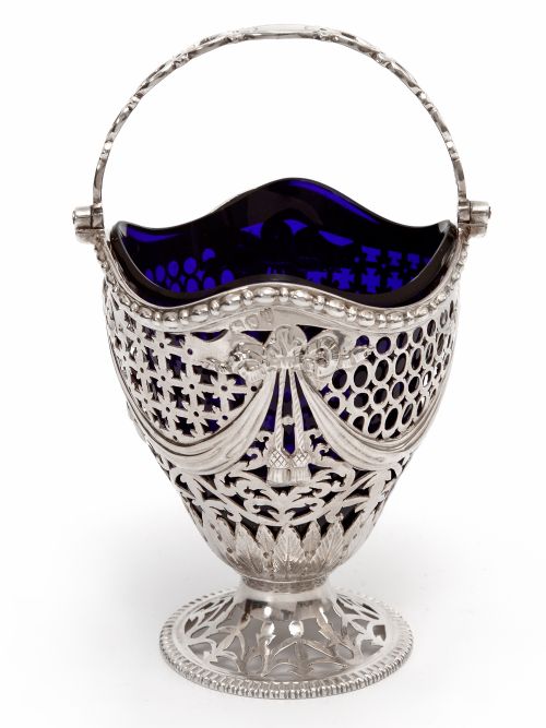antique silver george iii style sugar basket with a bristol blue liner - CATEGORY: ANTIQUE SILVER - DATED 1890