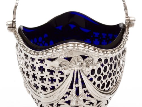 ANTIQUE SILVER GEORGE III STYLE SUGAR BASKET WITH A BRISTOL BLUE LINER - ADDITIONAL PHOTO 1