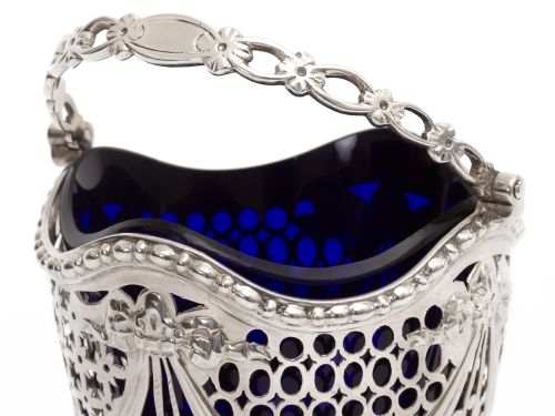 ANTIQUE SILVER GEORGE III STYLE SUGAR BASKET WITH A BRISTOL BLUE LINER - ADDITIONAL PHOTO 2