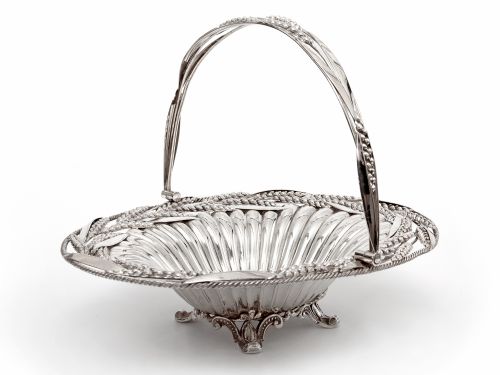 victorian oval silver plated swing handle basket with wheat and rope border on four cast scroll feet - CATEGORY: ANTIQUE SILVER - DATED 1890