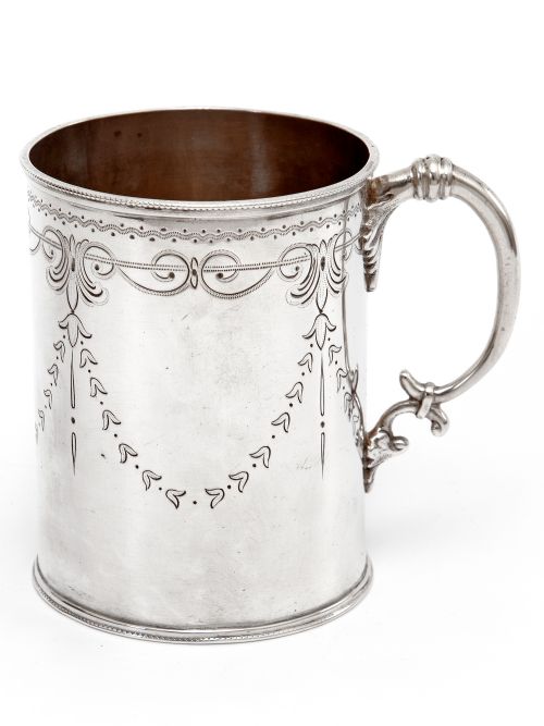 victorian silver christening mug in a straight body form and garland and scroll engraving - CATEGORY: ANTIQUE SILVER - DATED 1870