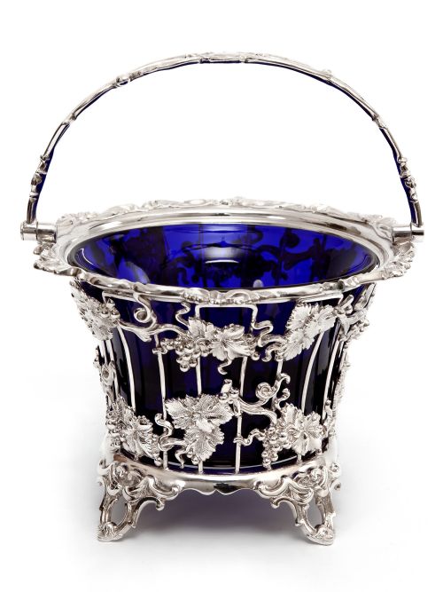 large victorian silver plated sugar basket with a bristol blue liner - CATEGORY: ANTIQUE SILVER - DATED 1880