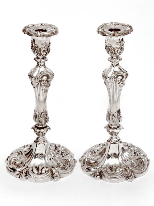 pair of decorative victorian silver plated candle sticks in a high rococo form - CATEGORY: ANTIQUE SILVER - DATED 1870