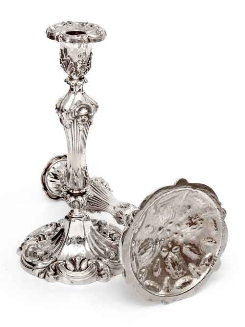 PAIR OF DECORATIVE VICTORIAN SILVER PLATED CANDLE STICKS IN A HIGH ROCOCO FORM - ADDITIONAL PHOTO 2