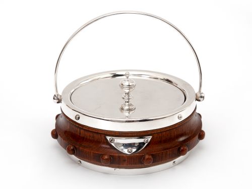 victorian carved oak and silver plated butter dish with original white china liner - CATEGORY: ANTIQUE SILVER - DATED 1900