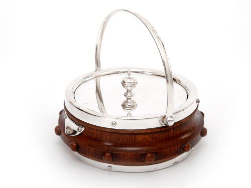 VICTORIAN CARVED OAK AND SILVER PLATED BUTTER DISH WITH ORIGINAL WHITE CHINA LINER - ADDITIONAL PHOTO 1