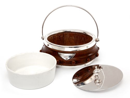 VICTORIAN CARVED OAK AND SILVER PLATED BUTTER DISH WITH ORIGINAL WHITE CHINA LINER - ADDITIONAL PHOTO 2