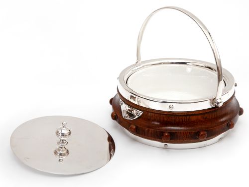 VICTORIAN CARVED OAK AND SILVER PLATED BUTTER DISH WITH ORIGINAL WHITE CHINA LINER - ADDITIONAL PHOTO 3