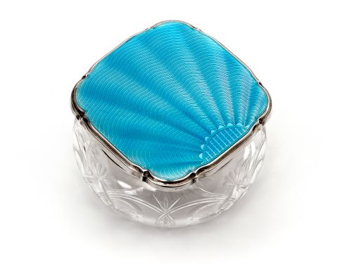 silver and enamel jar with an engine turned blue guilloche enamel lid - CATEGORY: ANTIQUE SILVER - DATED 1930