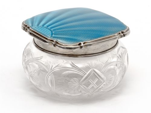 SILVER AND ENAMEL JAR WITH AN ENGINE TURNED BLUE GUILLOCHE ENAMEL LID - ADDITIONAL PHOTO 1
