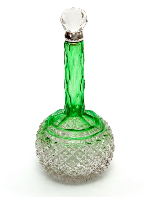 victorian silver neck perfume bottle with a graduated green and clear glass body - CATEGORY: ANTIQUE GLASS - DATED 1890
