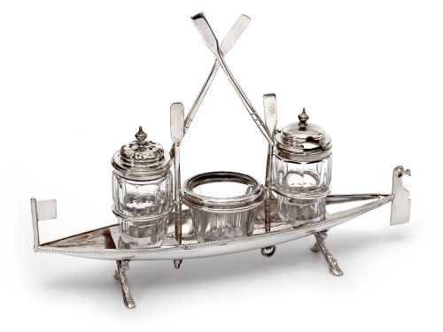 unusual victorian silver plate novelty rowing boat cruet set - CATEGORY: ANTIQUE SILVER - DATED 1880