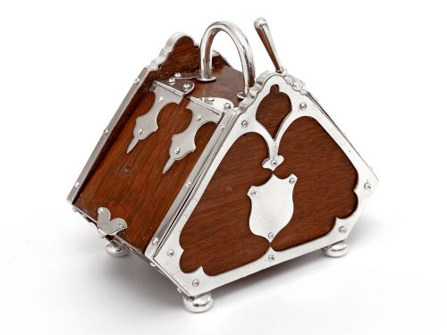 UNUSUAL SHAPE VICTORIAN OAK AND SILVER PLATED SUGAR SCUTTLE - ADDITIONAL PHOTO 1