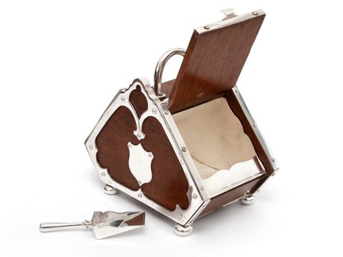 UNUSUAL SHAPE VICTORIAN OAK AND SILVER PLATED SUGAR SCUTTLE - ADDITIONAL PHOTO 2