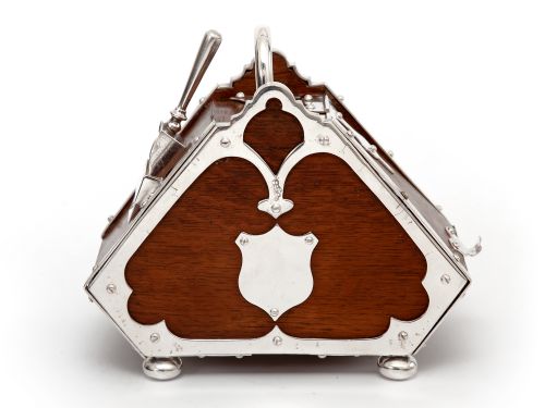 UNUSUAL SHAPE VICTORIAN OAK AND SILVER PLATED SUGAR SCUTTLE - ADDITIONAL PHOTO 3