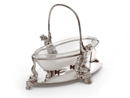 victorian nautical theme serving dish with a cut glass boat hull in a silver plated rope frame - CATEGORY: ANTIQUE SILVER - DATED 1880