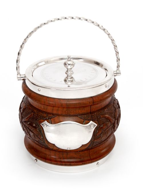 antique oak and silver plated barrel with a rope swing handle and white china liner - CATEGORY: ANTIQUE SILVER - DATED 1900