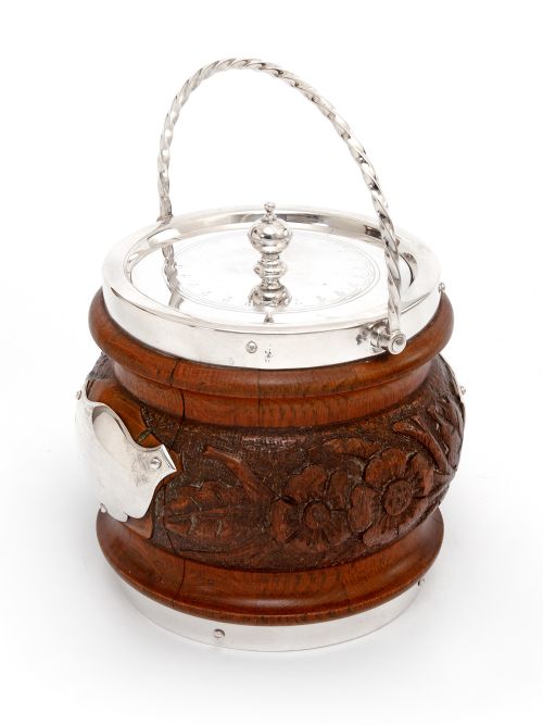 ANTIQUE OAK AND SILVER PLATED BARREL WITH A ROPE SWING HANDLE AND WHITE CHINA LINER - ADDITIONAL PHOTO 1