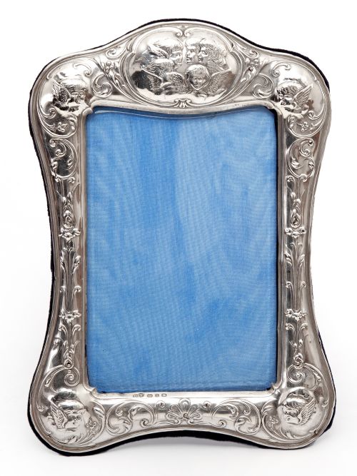 VICTORIAN SILVER PHOTO OR PICTURE FRAME EMBOSSED WITH REYNOLDS STYLE CHERUBS - ADDITIONAL PHOTO 1