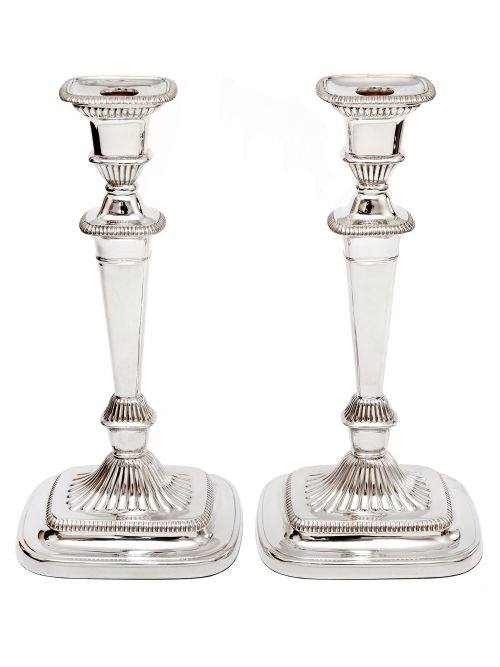 georgian style candle sticks with plain columns and swept fluted rectangular bases - CATEGORY: ANTIQUE SILVER - DATED 1910
